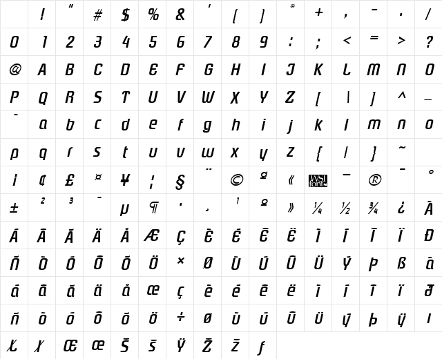 Plover Bold Italic Character Map