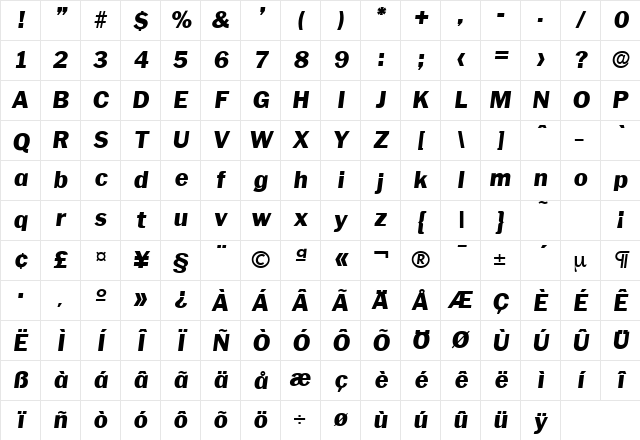 Plymouth-Serial-Heavy RegularItalic Character Map Plymouth-Serial-Heavy RegularItalic Character Map