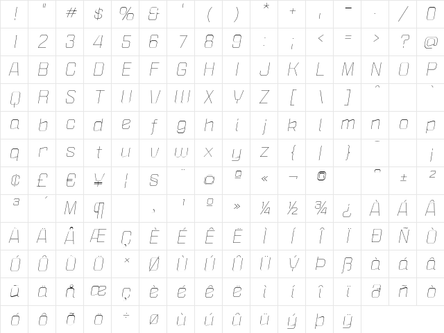 Politica XT Light Italic Character Map