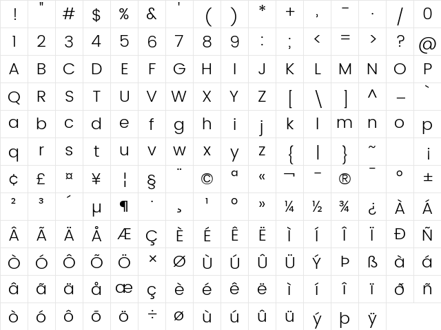 Poppins Light Character Map