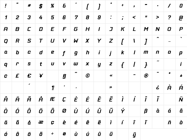 PositecBoldItalic Regular Character Map
