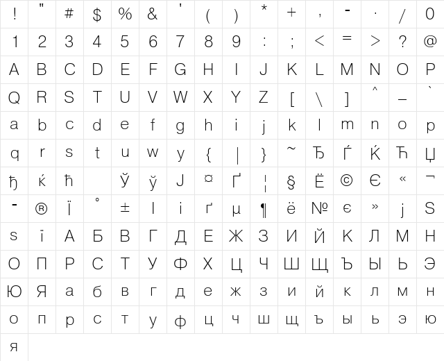 PragmaticaLightCTT Regular Character Map