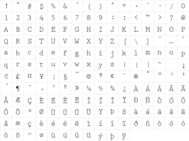 Prestige Regular Character Map