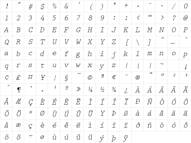 Prestige Italic Character Map Prestige Italic Character Map