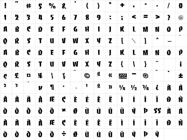 BaccaratUpright Regular Character Map