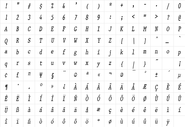 PrestigeCondensed Italic Character Map