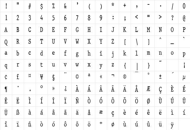 PrestigeCondensed Regular Character Map