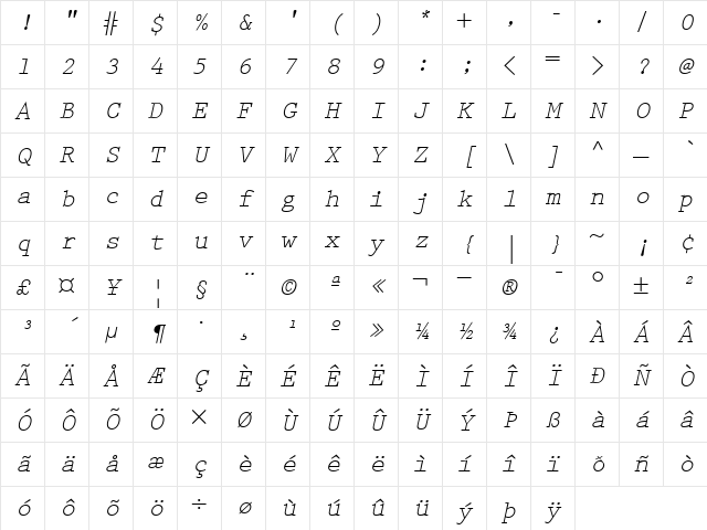 PrestigeEliteSlanted RomanItalic Character Map PrestigeEliteSlanted RomanItalic Character Map