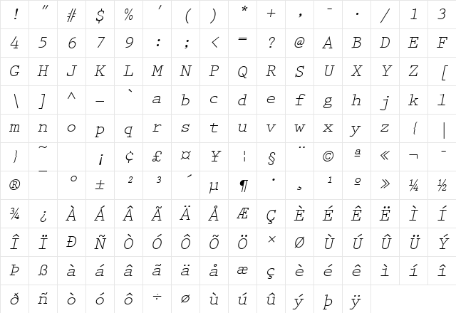 Prestige Becker Oblique Character Map