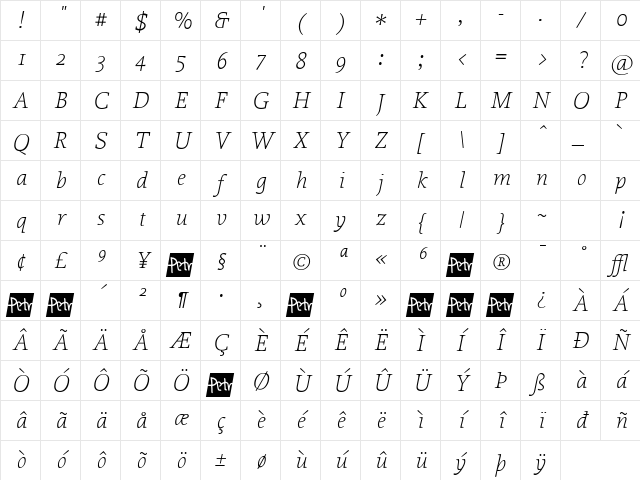 Proforma UltraLightItalic Character Map