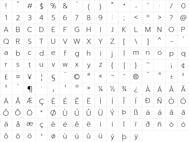 Prompt ExtraLight Character Map