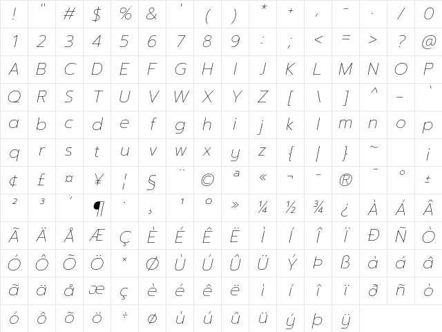 Prompt Thin Italic Character Map