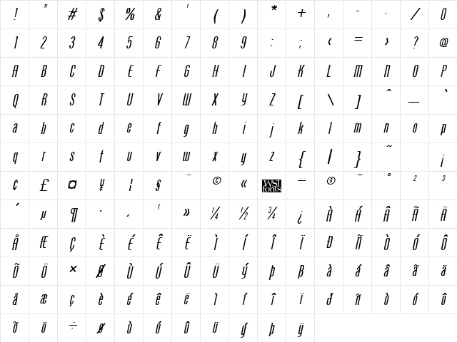 Protege kursiv Character Map