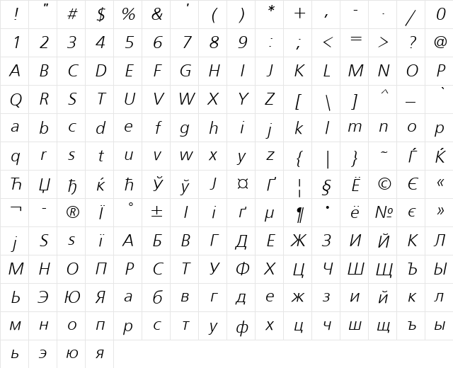 FreeSetC Italic Character Map