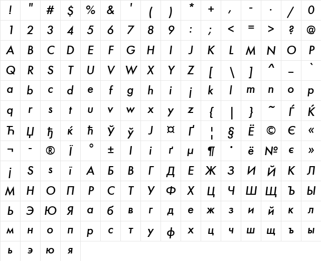 FuturaFuturisC Italic Character Map