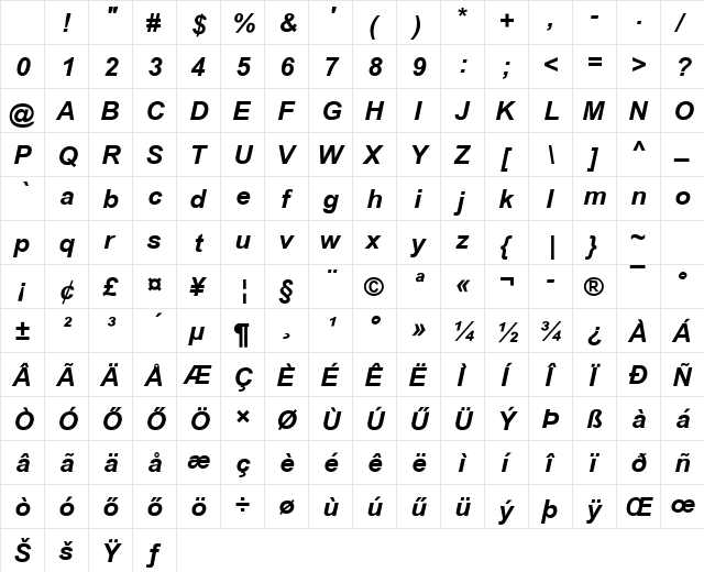 Arial HU Bold-italic Character Map Arial HU Bold-italic Character Map