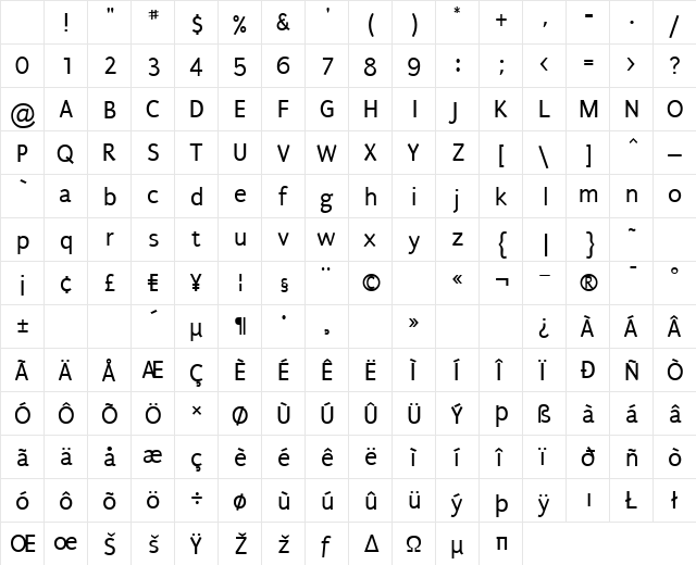 Puritan Regular Character Map