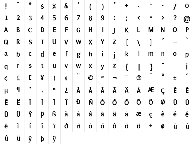 Puritan Bold Character Map