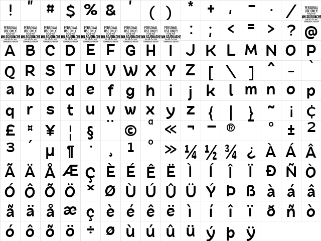Quache Bold Condensed Character Map