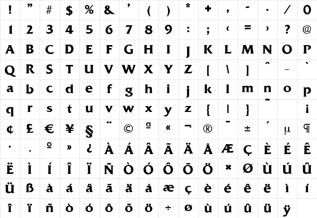 QuadratSerial Bold Character Map