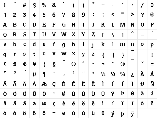 Quagga Bold Character Map