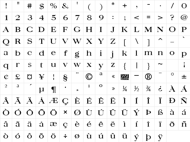 QuantasBroad Regular Character Map