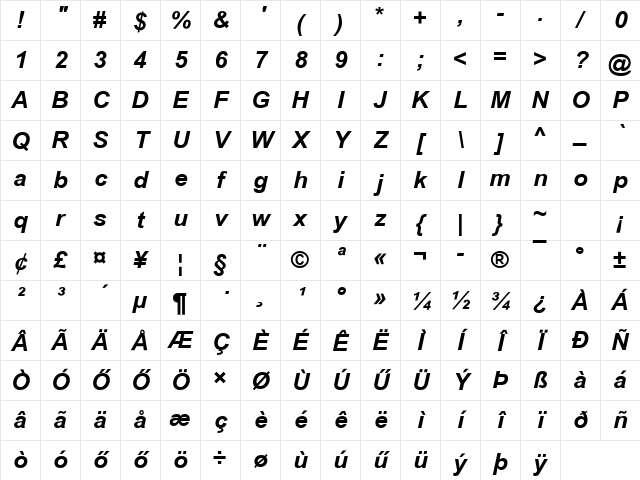 H-Arial Bold Italic Character Map