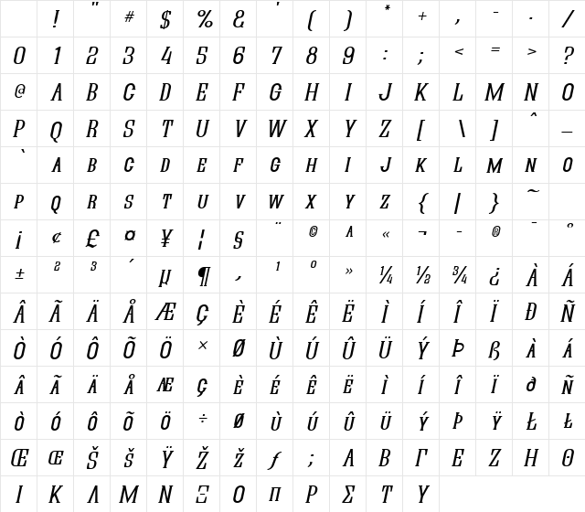 Quastic Kaps Italic Character Map