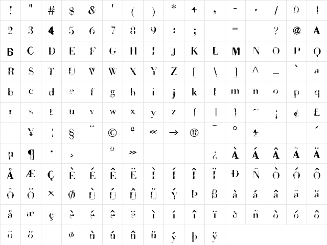 BadDeni Regular Character Map