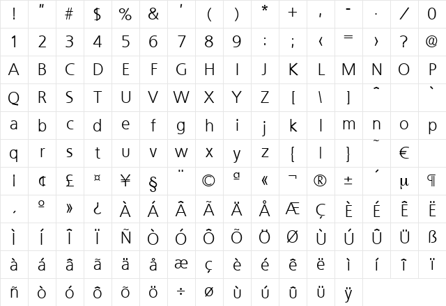Quebec-Light Regular Character Map
