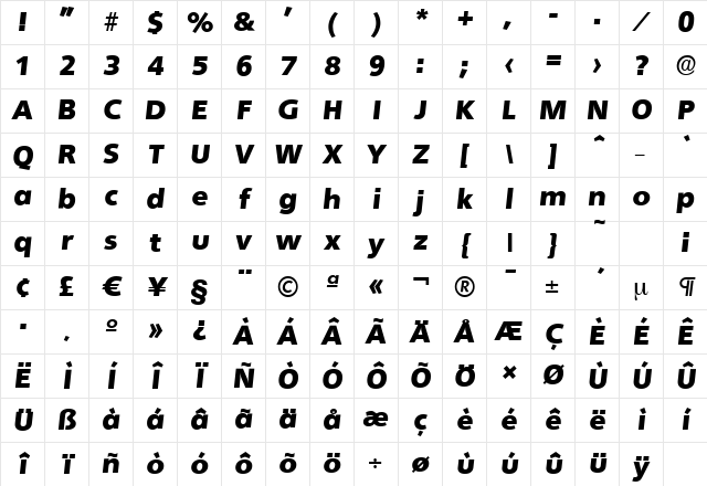 QuebecSerial-Black Italic Character Map QuebecSerial-Black Italic Character Map