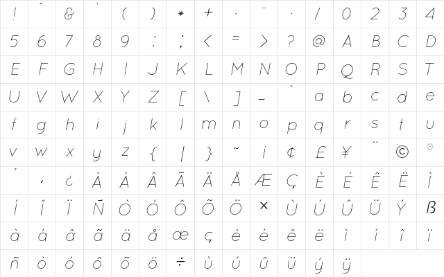 Quicksand LightItalic Character Map