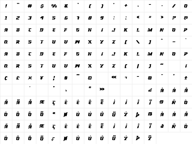 RACING HARD Regular Character Map