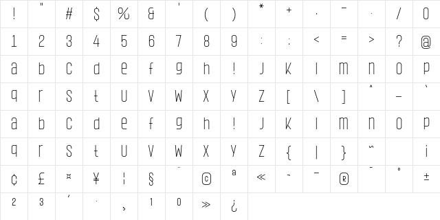 Ragnear Display Extra Light Character Map
