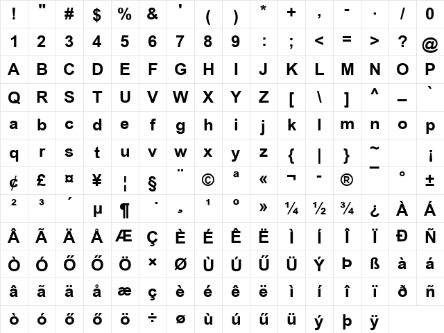 H-Arial Bold Character Map