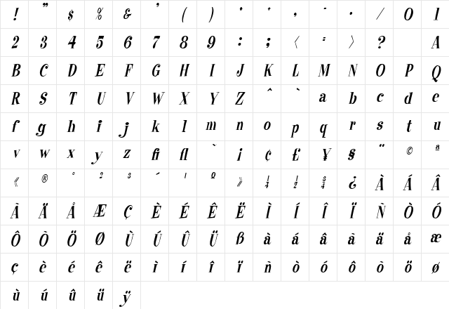RaskinCondensed Italic Character Map