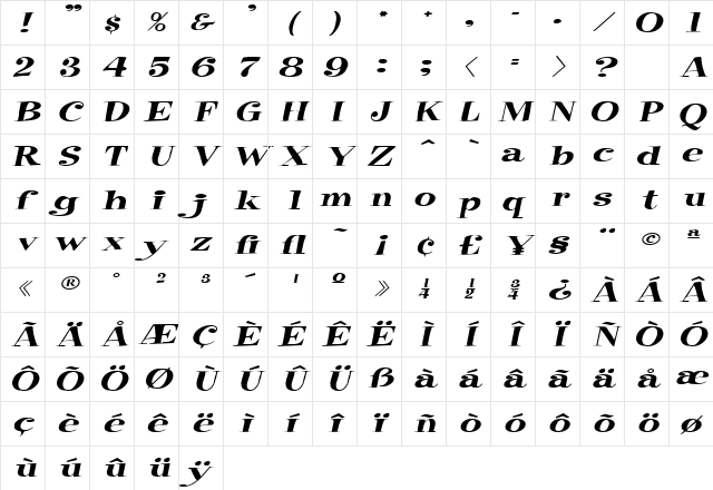 RaskinExtended Italic Character Map