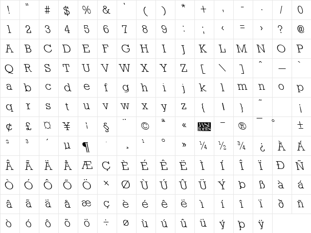 RockneyLeftyLight Regular Character Map RockneyLeftyLight Regular Character Map
