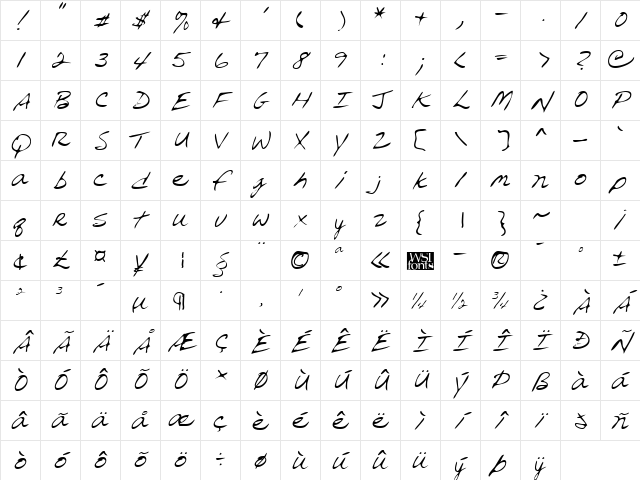 ReedsHand Regular Character Map