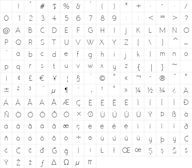 Register Sans BTN Lt Regular Character Map