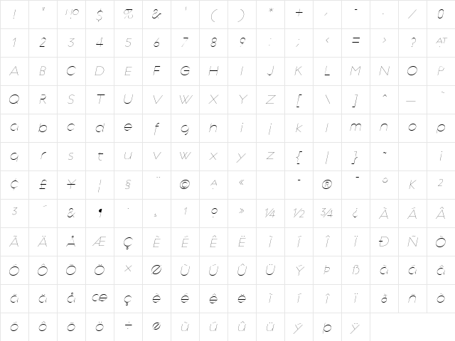 Regulator Thin Italic Character Map