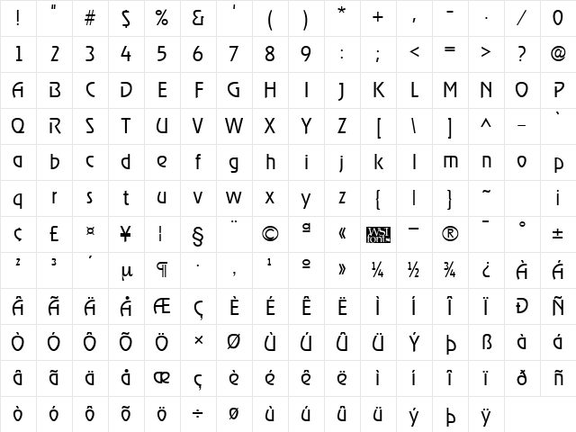 RevelLight Regular Character Map