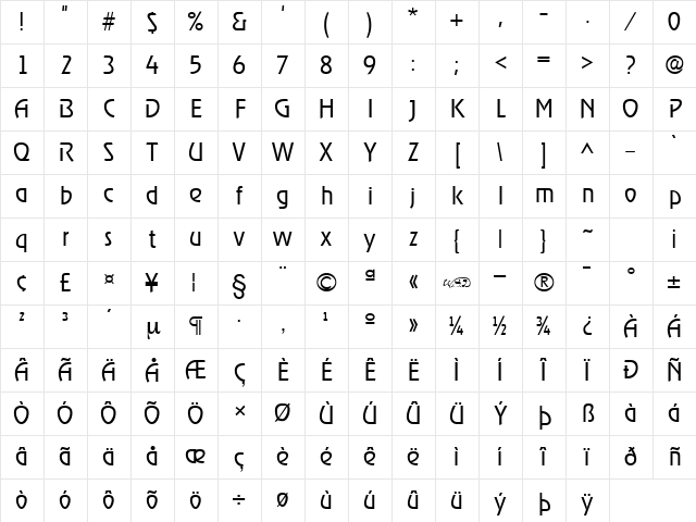 RevelLight Regular Character Map