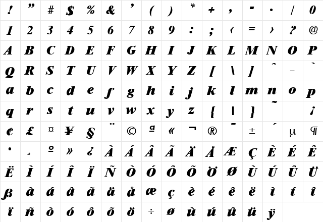 Riccione-Serial-Heavy RegularItalic Character Map