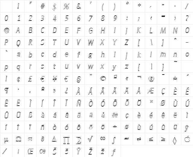 RichardBeckerOutline-Xlight Italic Character Map RichardBeckerOutline-Xlight Italic Character Map