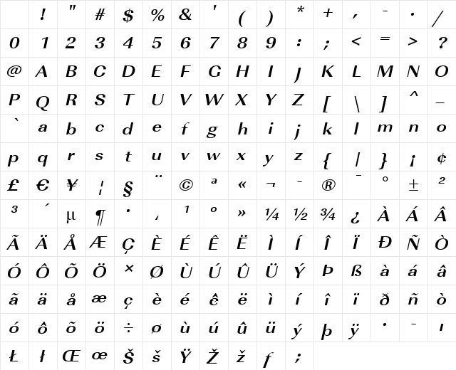 RicoBeckerExtended Bold Italic Character Map RicoBeckerExtended Bold Italic Character Map