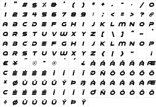 Robot Rocket Italic Character Map