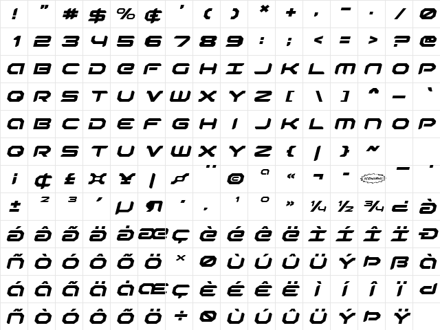 Robotaur Expanded Italic Italic Character Map