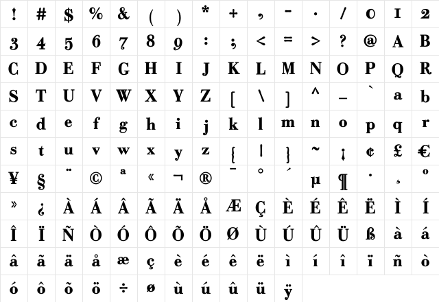 Robusta Bold Character Map