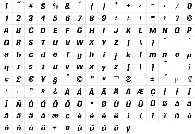 RochesterSerial-Xbold Italic Character Map